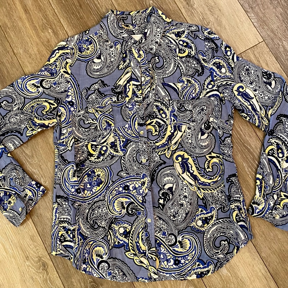 Charter Club Linen Button Up Paisley Top Gold Buttons Western